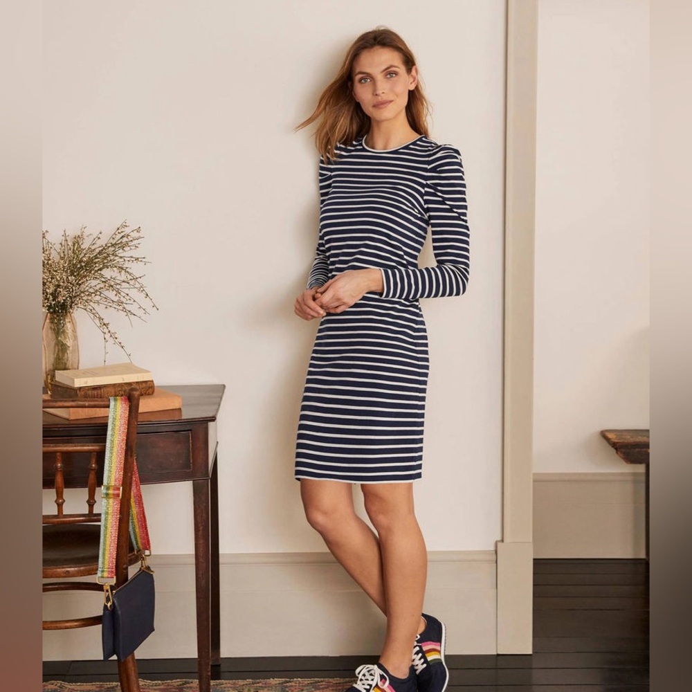 Boden Imogen Nautical Shift Dress 3/4 sleeve zip back boat neck Size 2